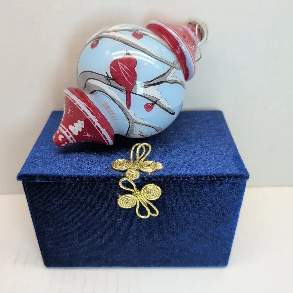 Pier 1 Li Bien 2011 Hand Painted Glass Ornament Birds Cardinal Winter Scene
